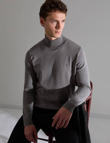 Gri Melanj Slim Fit Balıkçı Yaka Basic Triko Kazak