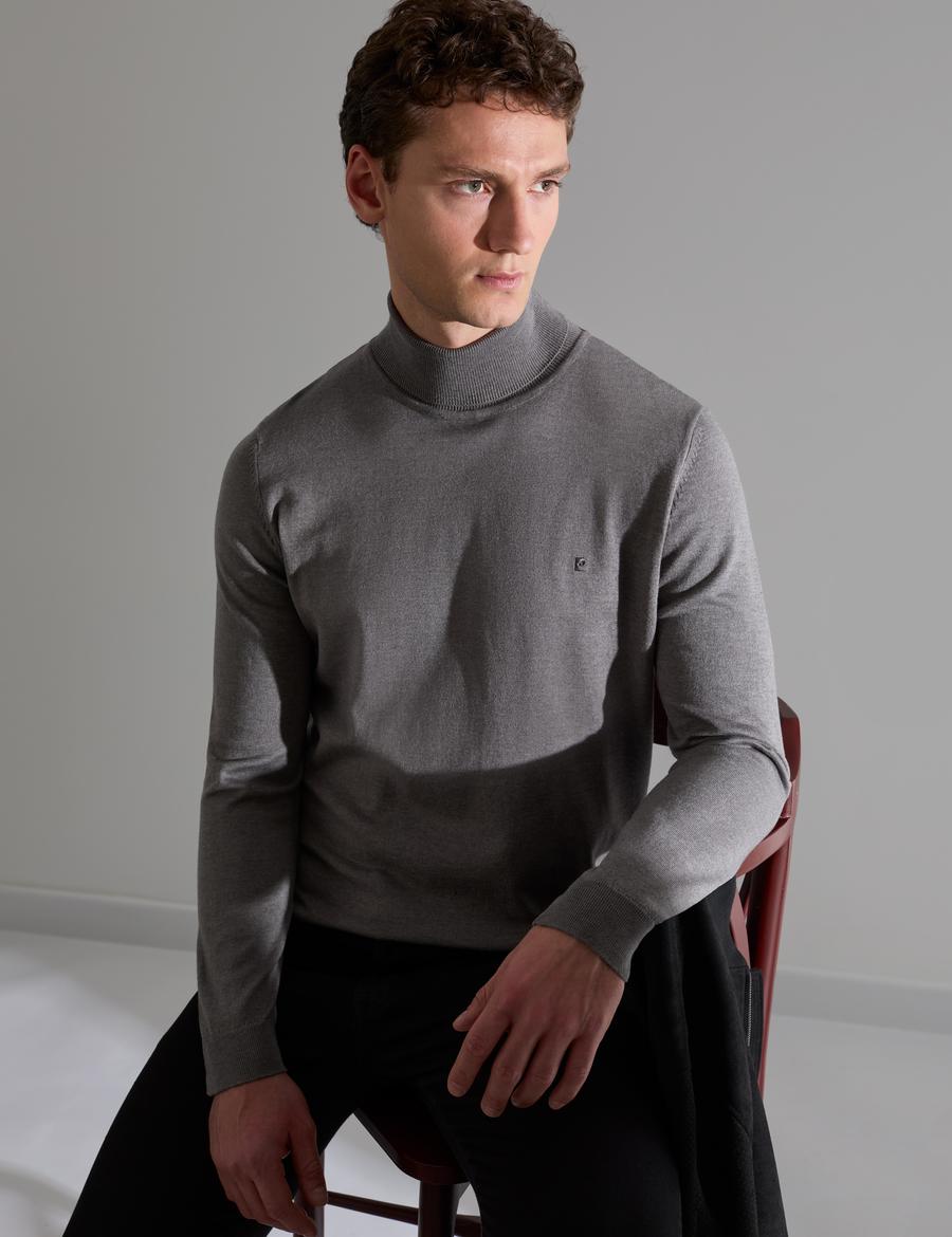 Gri Melanj Slim Fit Balıkçı Yaka Basic Triko Kazak