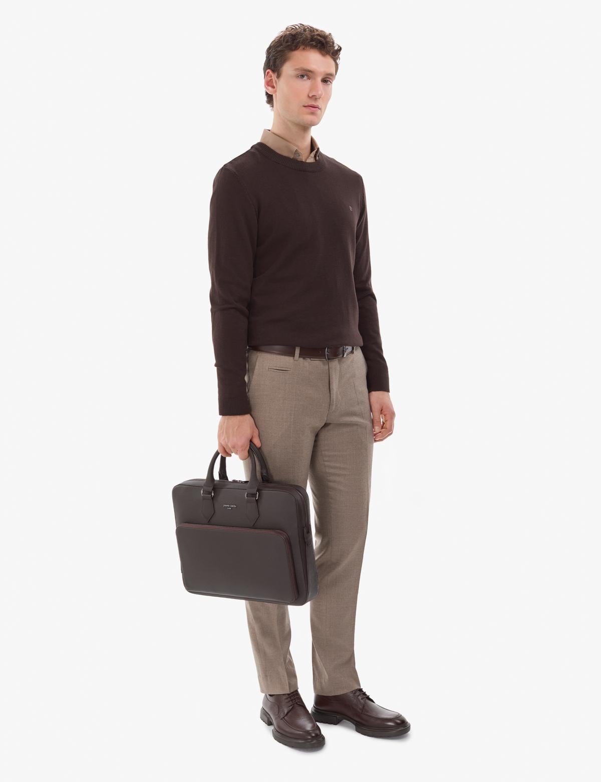 Koyu Kahverengi Slim Fit Bisiklet Yaka Basic Triko Kazak - 50314192165