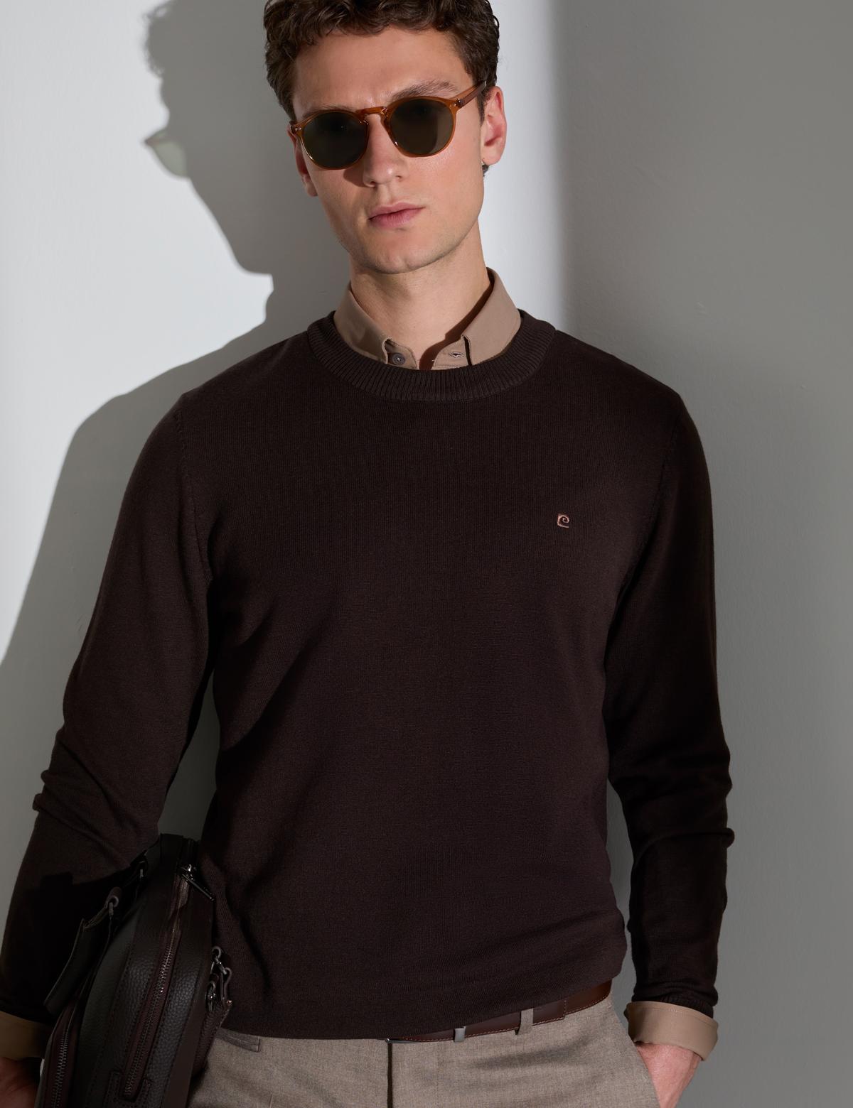 Koyu Kahverengi Slim Fit Bisiklet Yaka Basic Triko Kazak