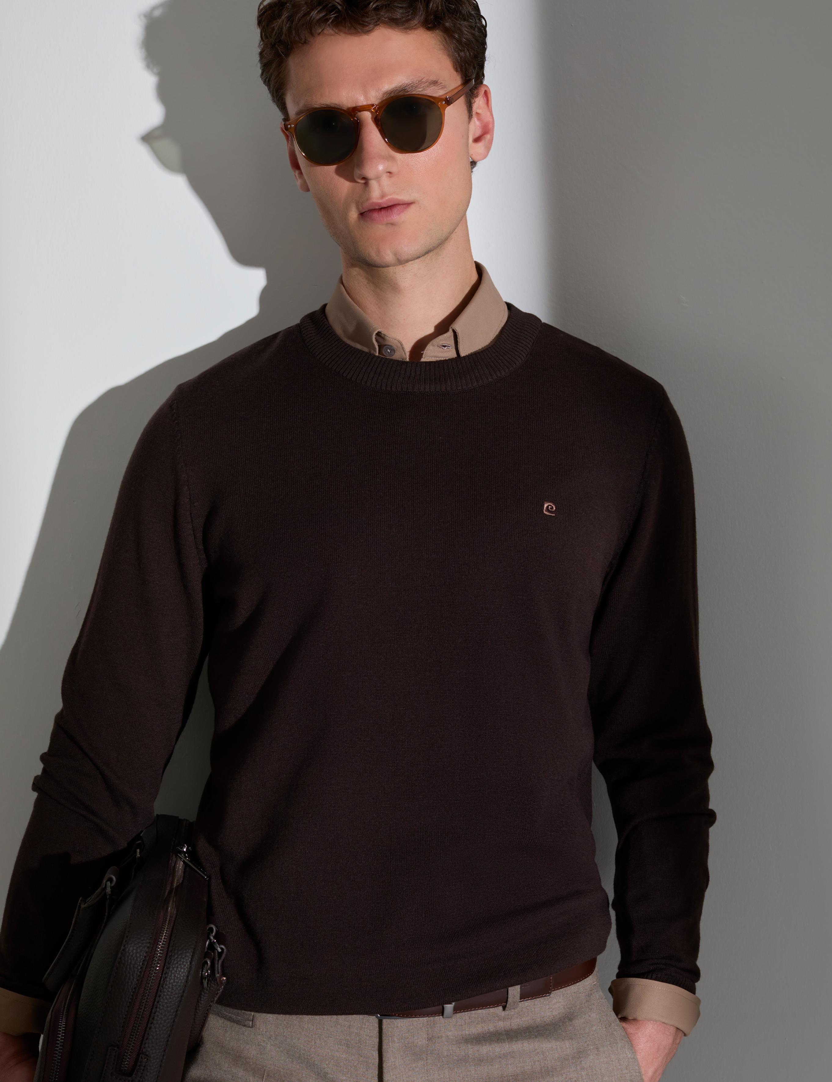 Koyu Kahverengi Slim Fit Bisiklet Yaka Basic Triko Kazak