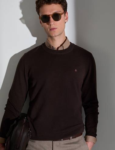 Koyu Kahverengi Slim Fit Bisiklet Yaka Basic Triko Kazak