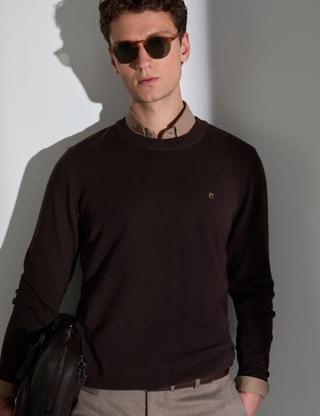 Koyu Kahverengi Slim Fit Bisiklet Yaka Basic Triko Kazak - 50314192165