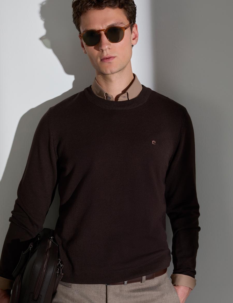 Koyu Kahverengi Slim Fit Bisiklet Yaka Basic Triko Kazak