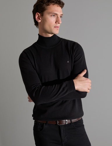 Siyah Slim Fit Balıkçı Yaka Basic Triko Kazak