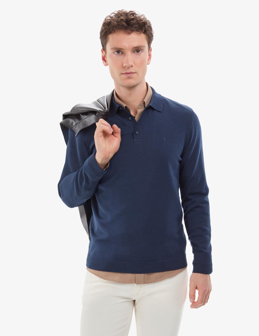 Açık Lacivert Slim Fit Polo Yaka Basic Triko Kazak