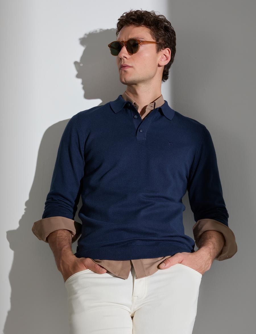 Açık Lacivert Slim Fit Polo Yaka Basic Triko Kazak