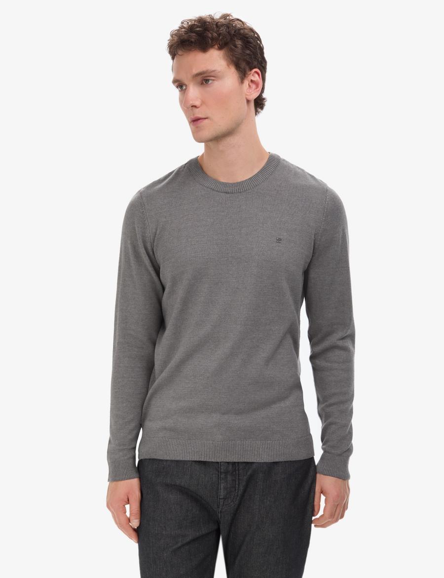 Gri Melanj Slim Fit Bisiklet Yaka Basic Triko Kazak