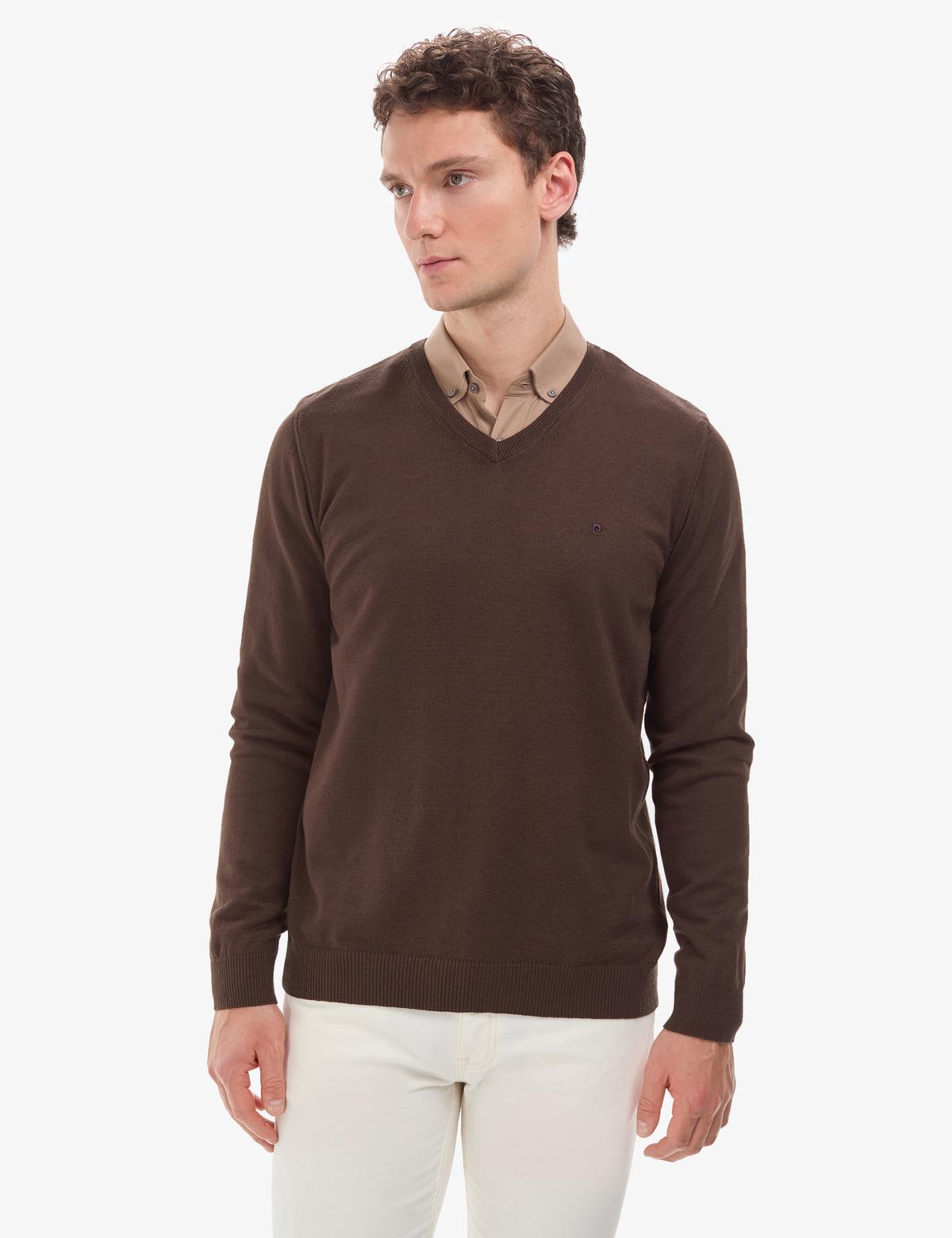 Kahverengi Slim Fit V Yaka Basic Triko Kazak - 50314190085