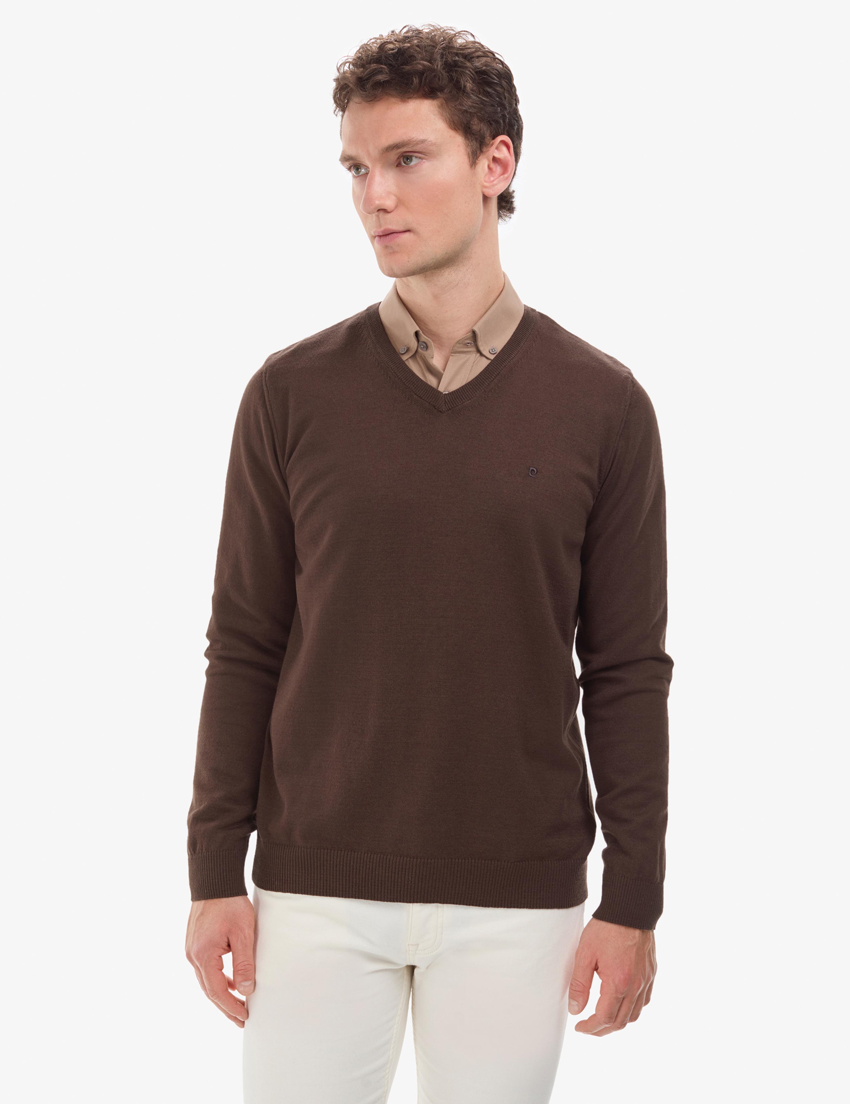 Kahverengi Slim Fit V Yaka Basic Triko Kazak