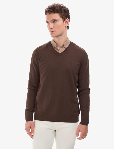 Kahverengi Slim Fit V Yaka Basic Triko Kazak - 50314190085