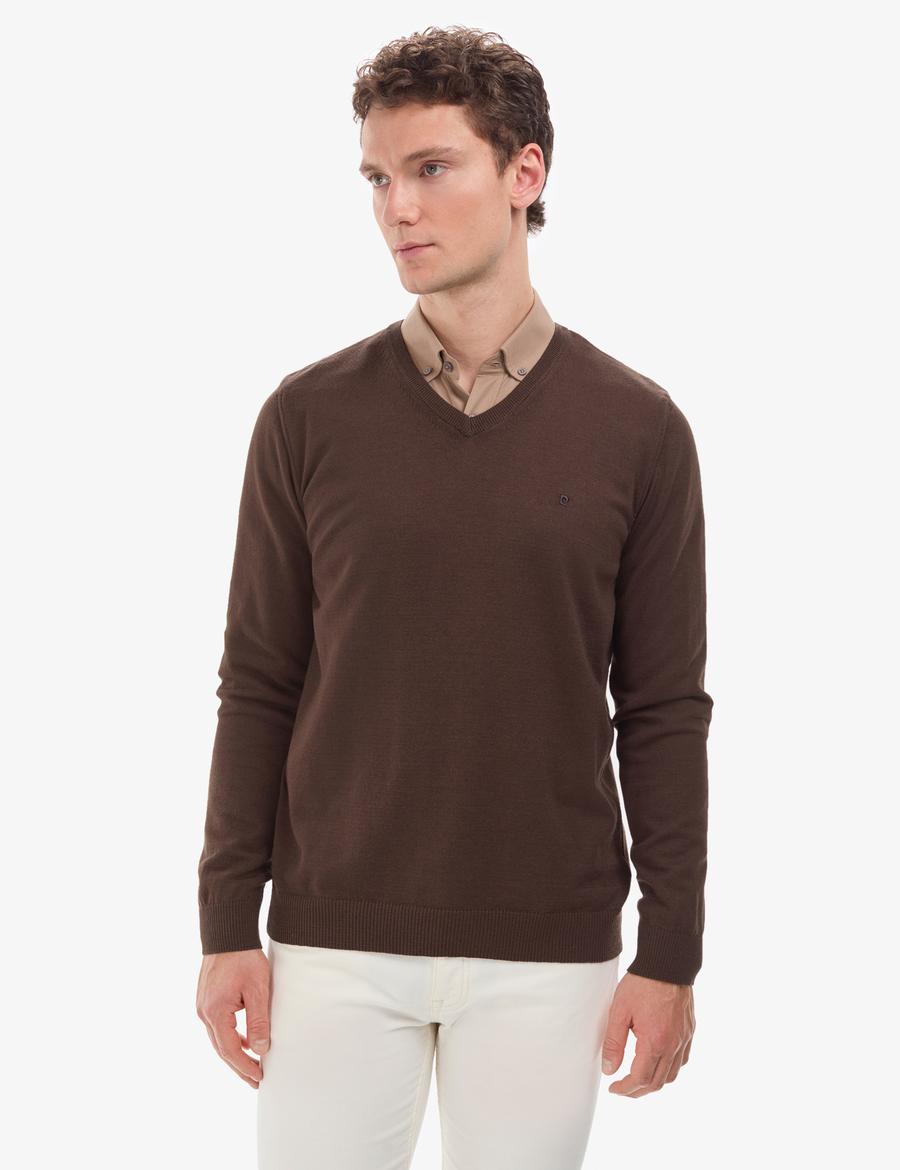 Kahverengi Slim Fit V Yaka Basic Triko Kazak