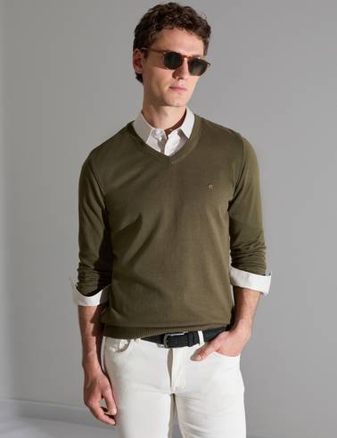 Koyu Haki Slim Fit V Yaka Basic Triko Kazak