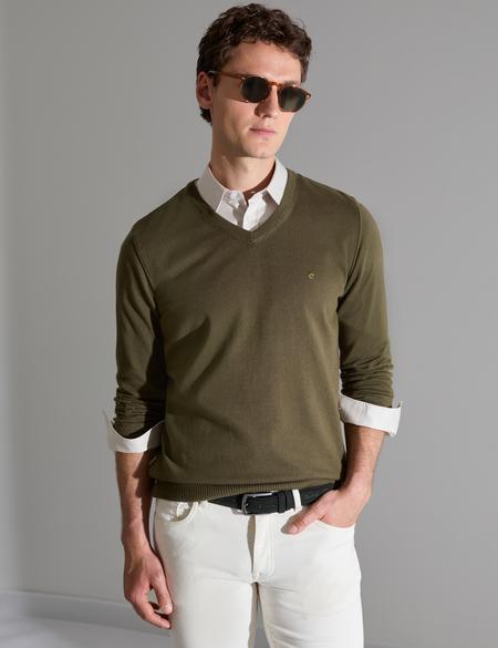 Koyu Haki Slim Fit V Yaka Basic Triko Kazak - 50314190036