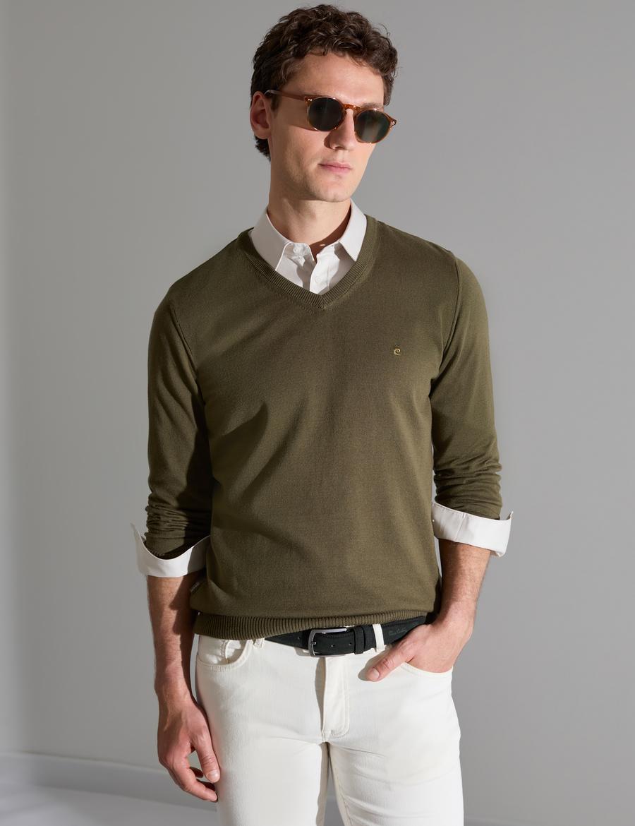 Koyu Haki Slim Fit V Yaka Basic Triko Kazak