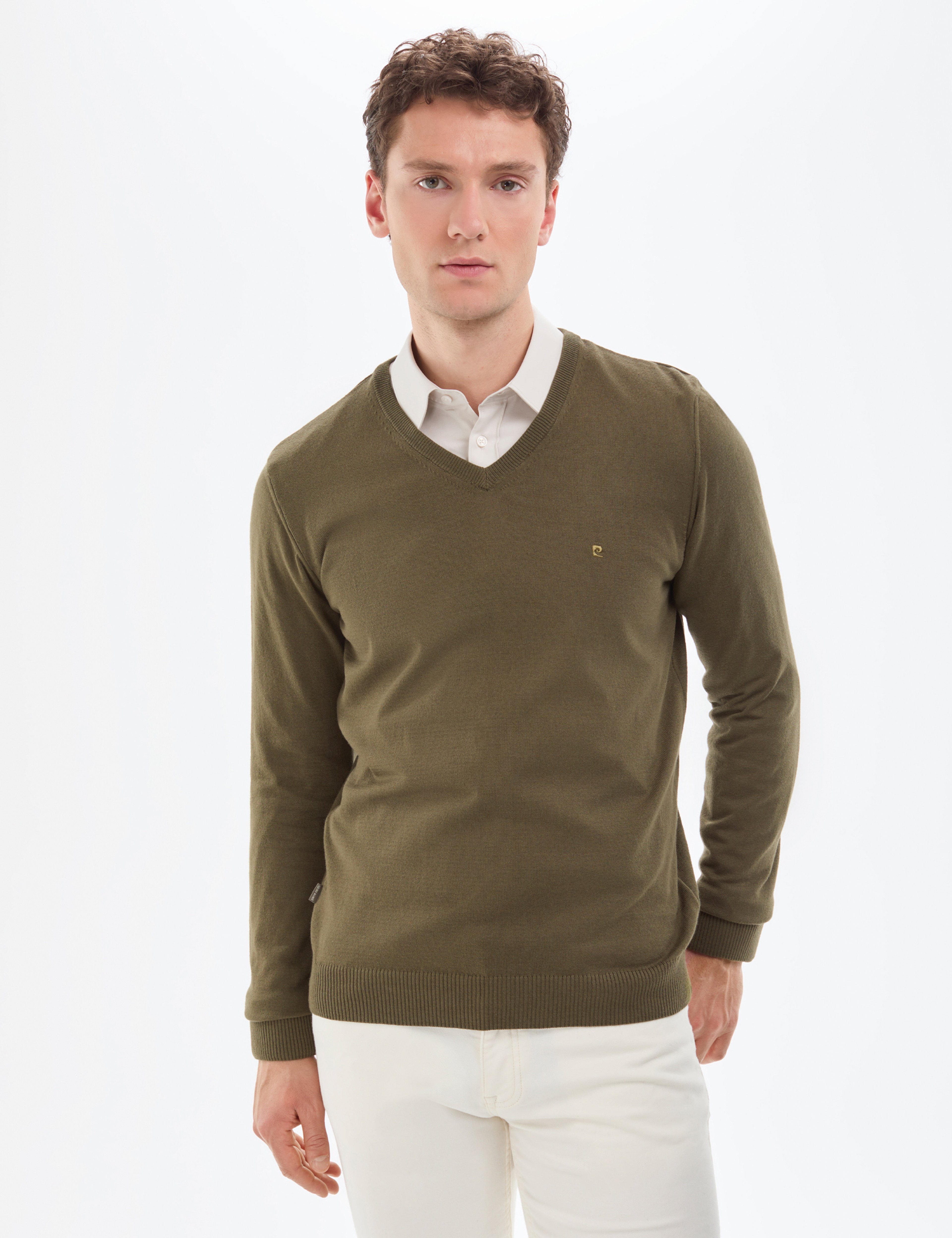 Koyu Haki Slim Fit V Yaka Basic Triko Kazak