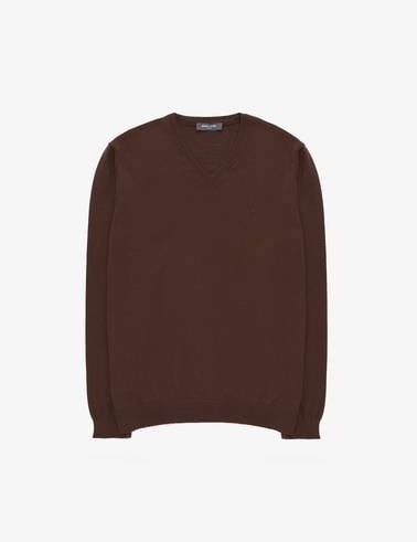 Kahverengi Slim Fit V Yaka Basic Triko Kazak