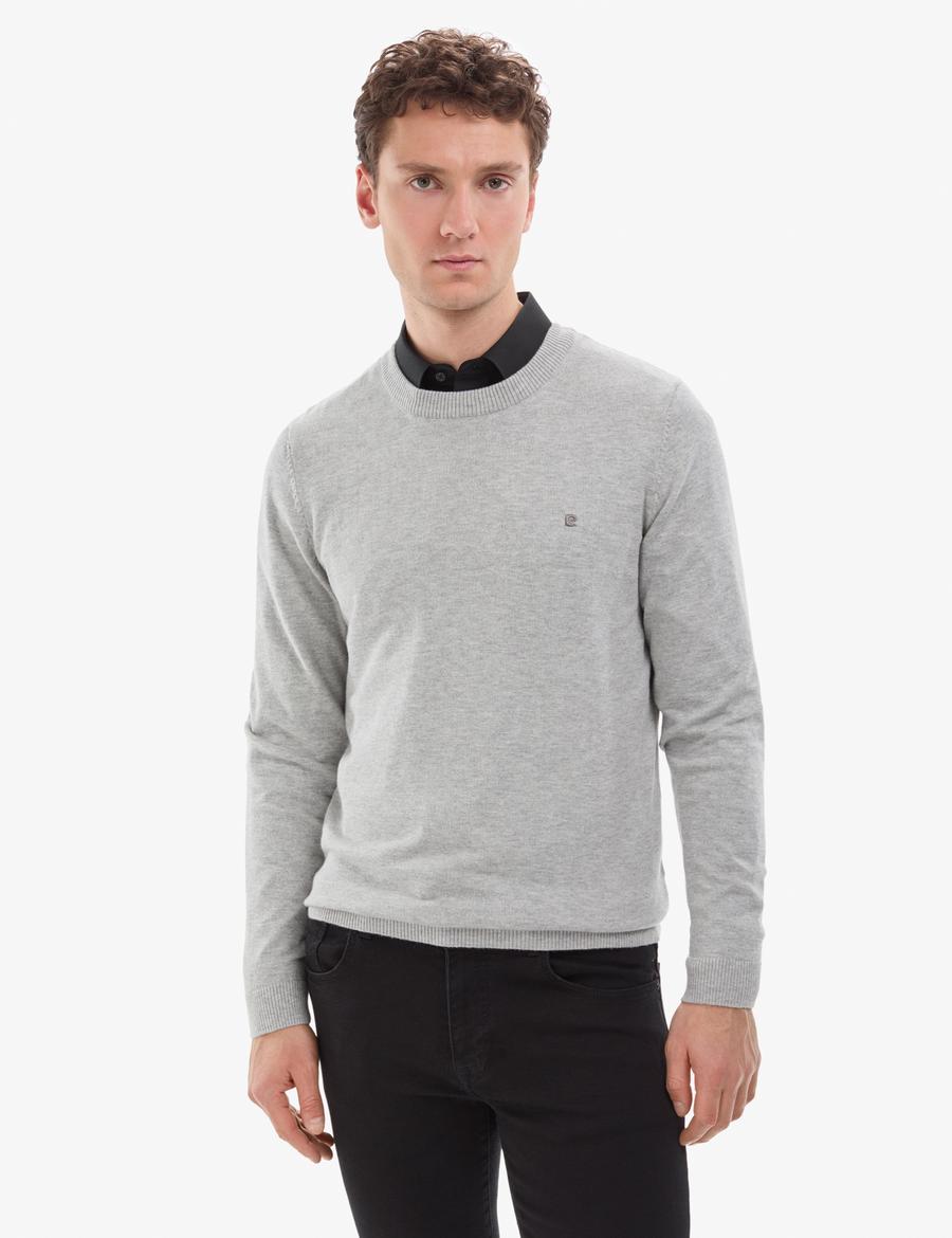 Açık Gri Melanj Slim Fit Bisiklet Yaka Basic Triko Kazak