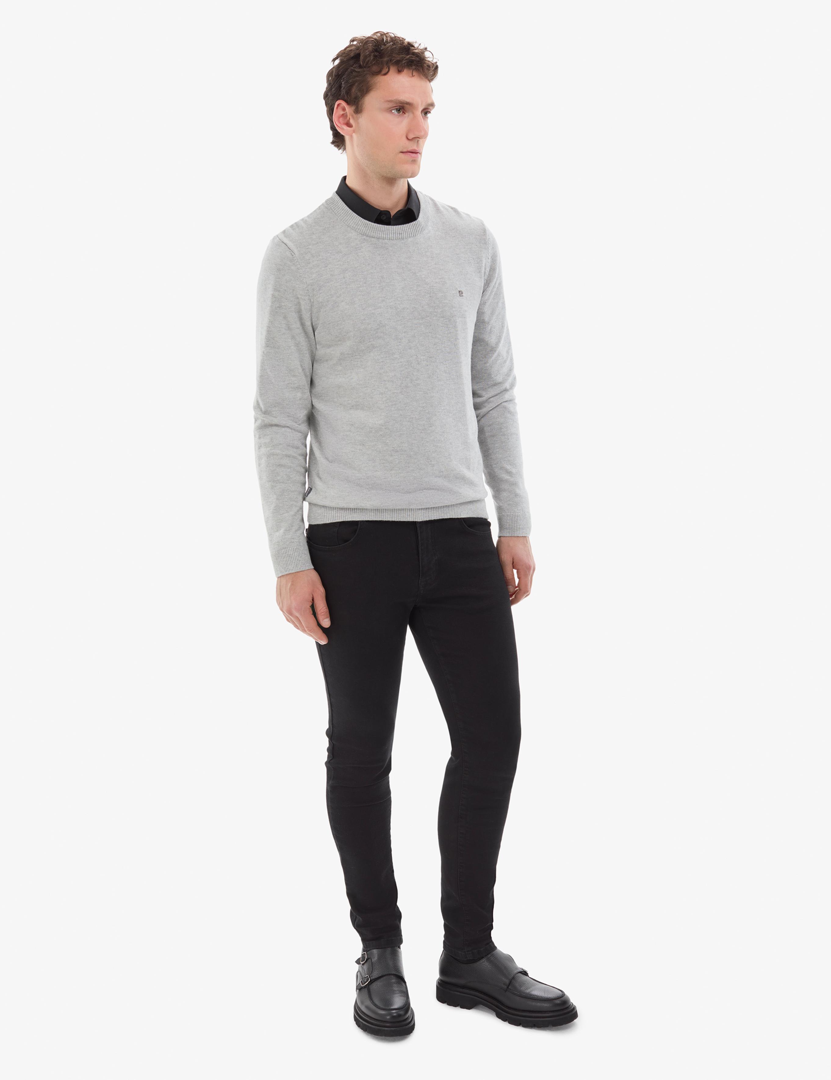 Açık Gri Melanj Slim Fit Bisiklet Yaka Basic Triko Kazak