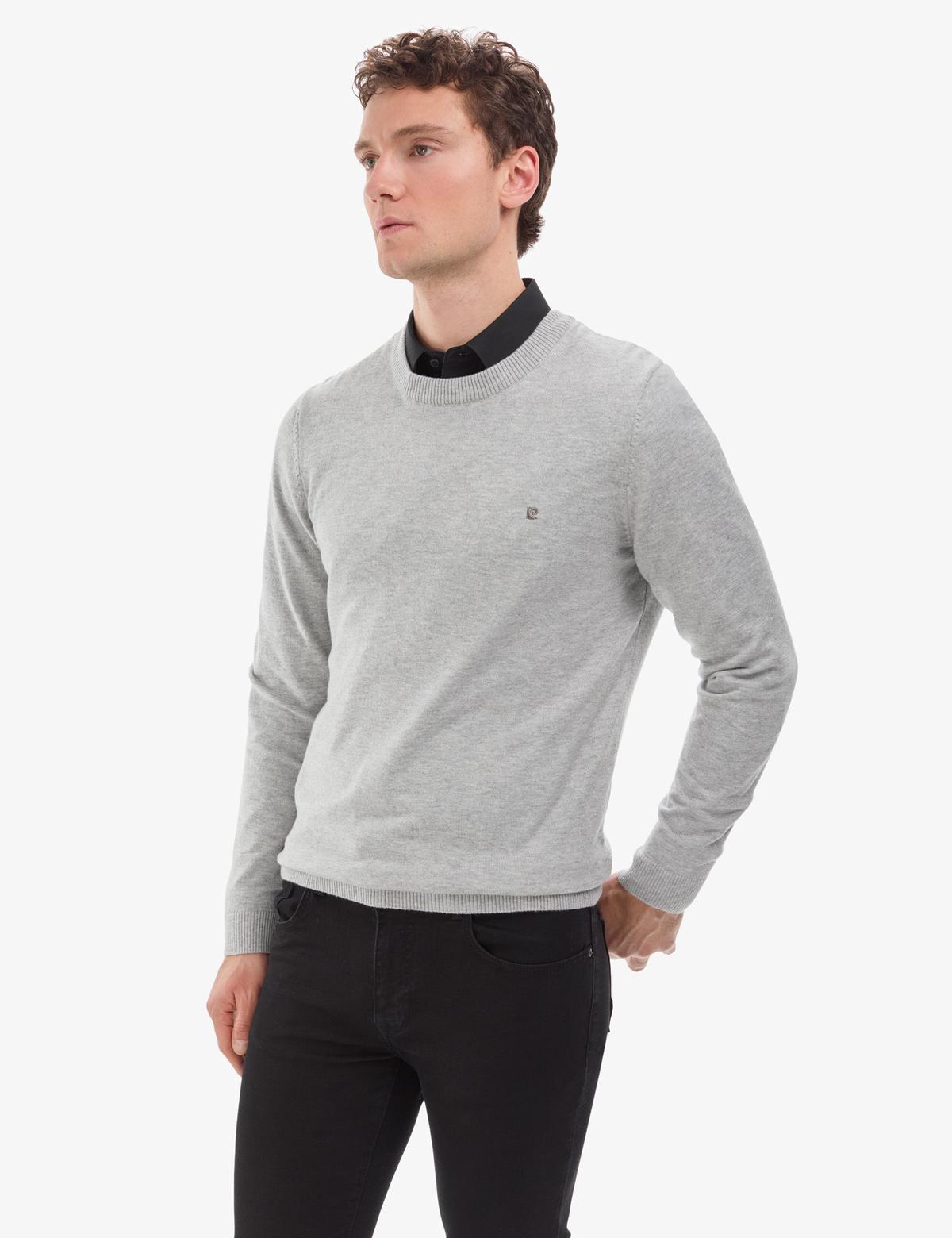 Açık Gri Melanj Slim Fit Bisiklet Yaka Basic Triko Kazak - 50314192066