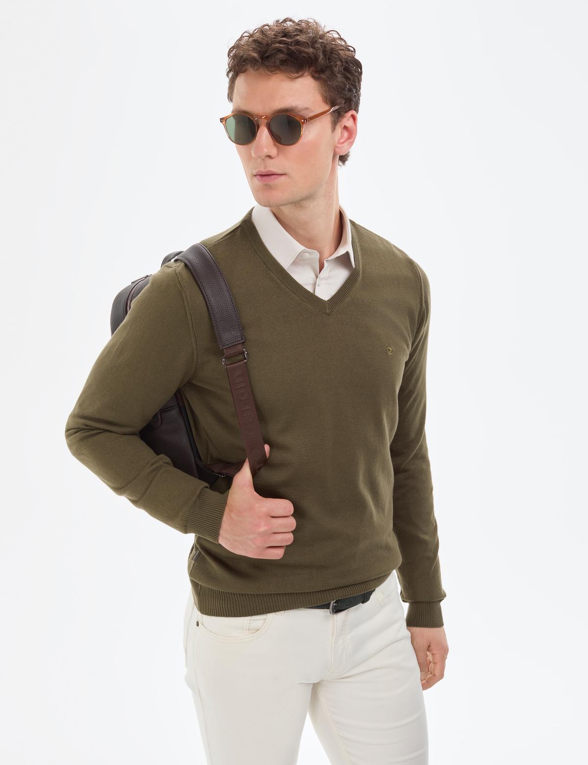 Koyu Haki Slim Fit V Yaka Basic Triko Kazak - 50314190036