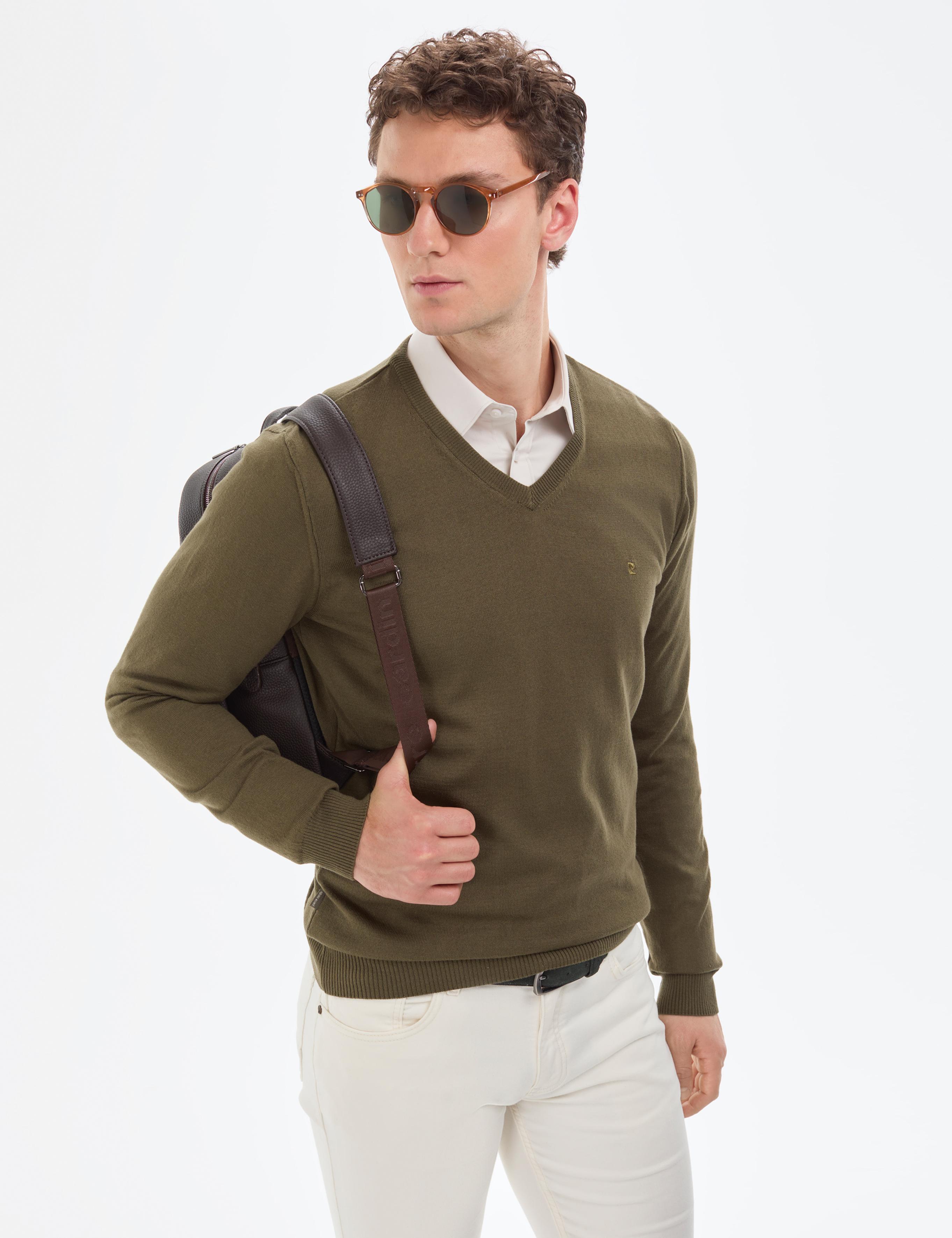 Koyu Haki Slim Fit V Yaka Basic Triko Kazak