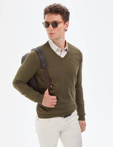 Koyu Haki Slim Fit V Yaka Basic Triko Kazak
