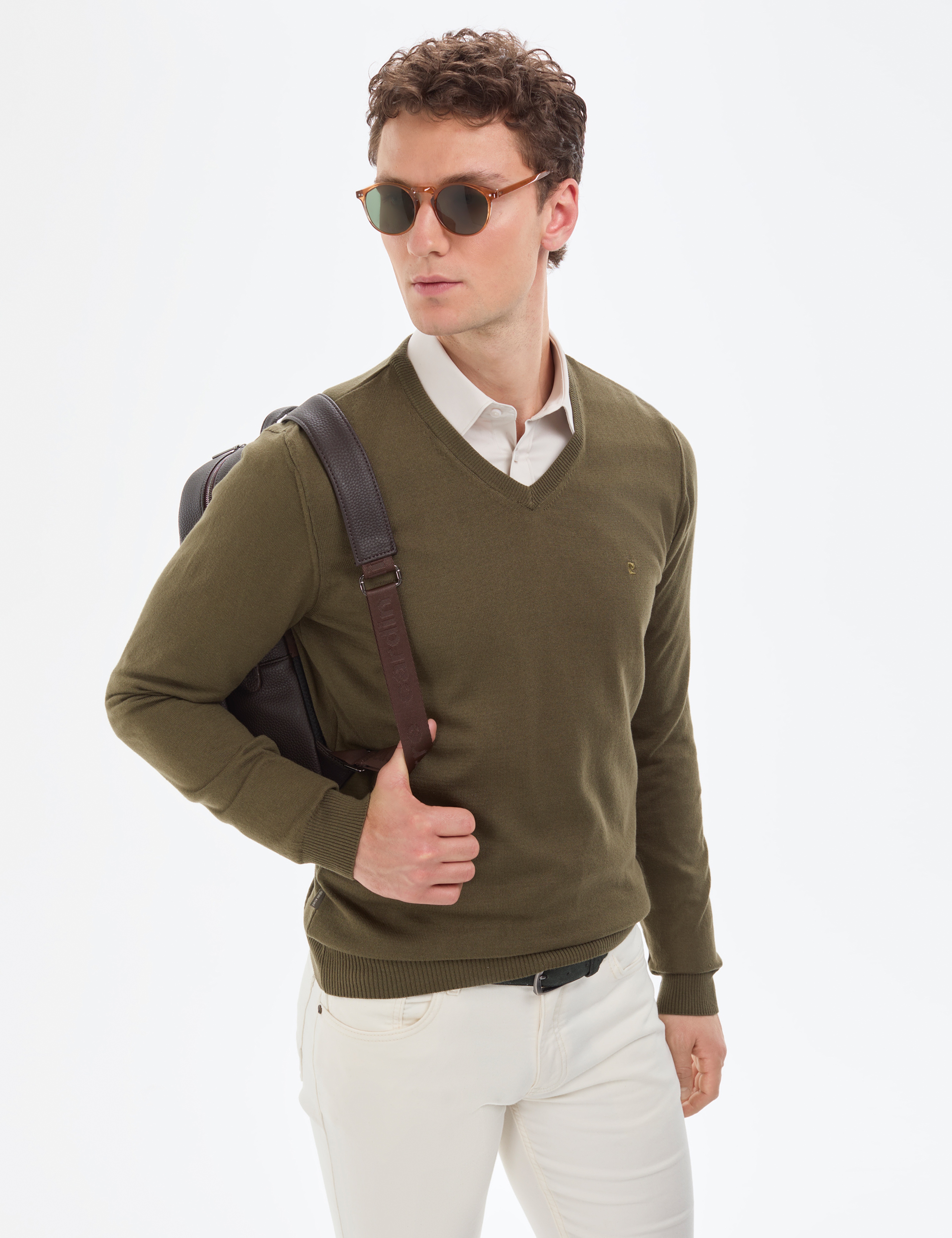Koyu Haki Slim Fit V Yaka Basic Triko Kazak - Image 4