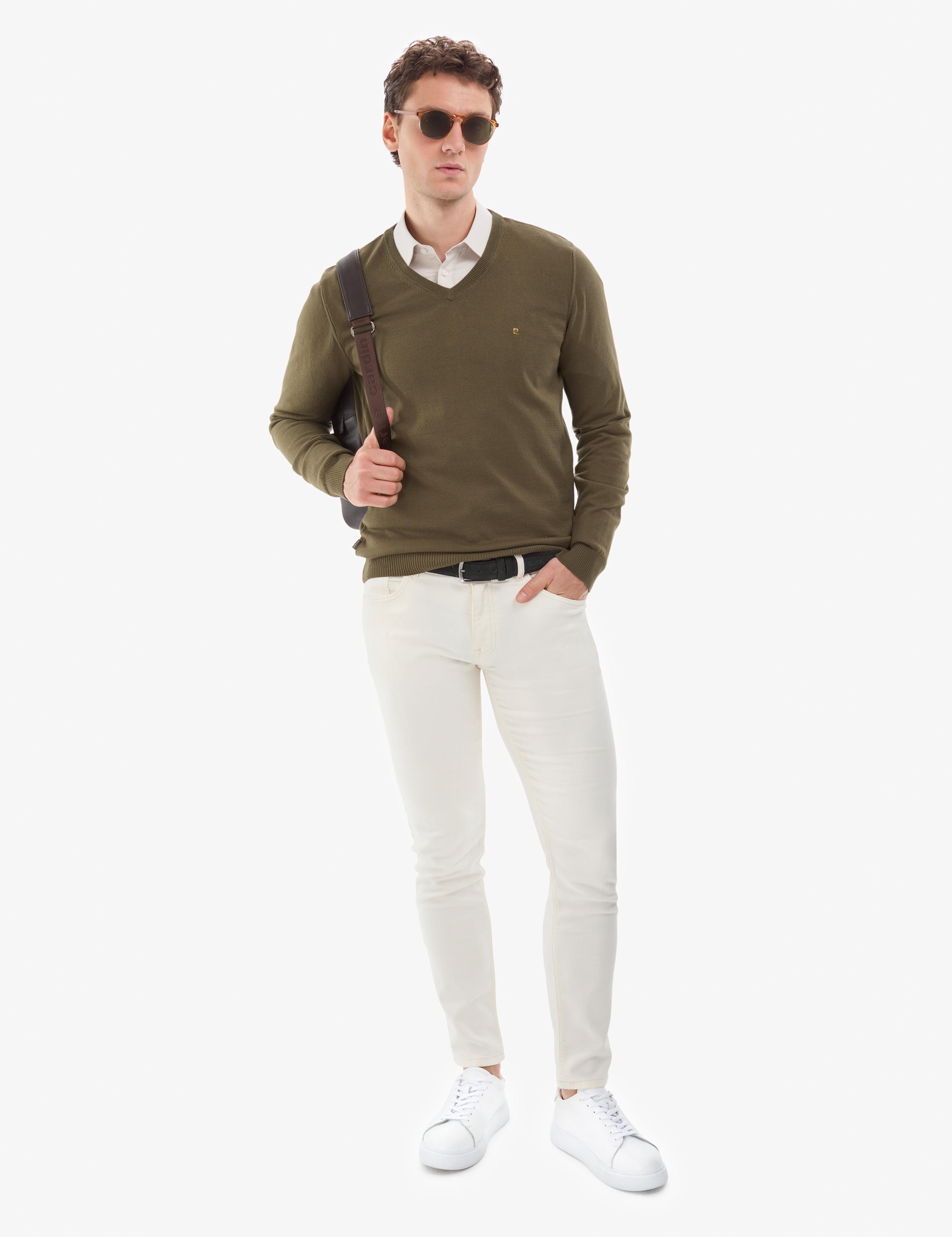 Koyu Haki Slim Fit V Yaka Basic Triko Kazak