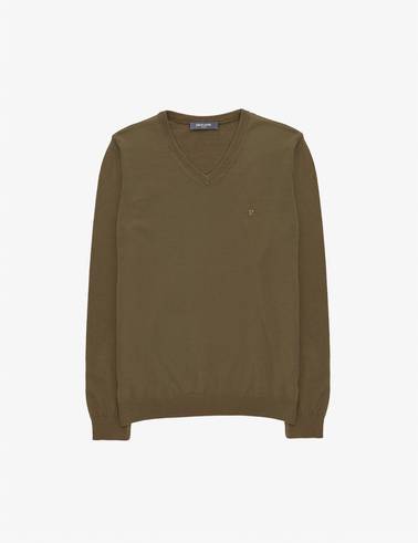 Koyu Haki Slim Fit V Yaka Basic Triko Kazak