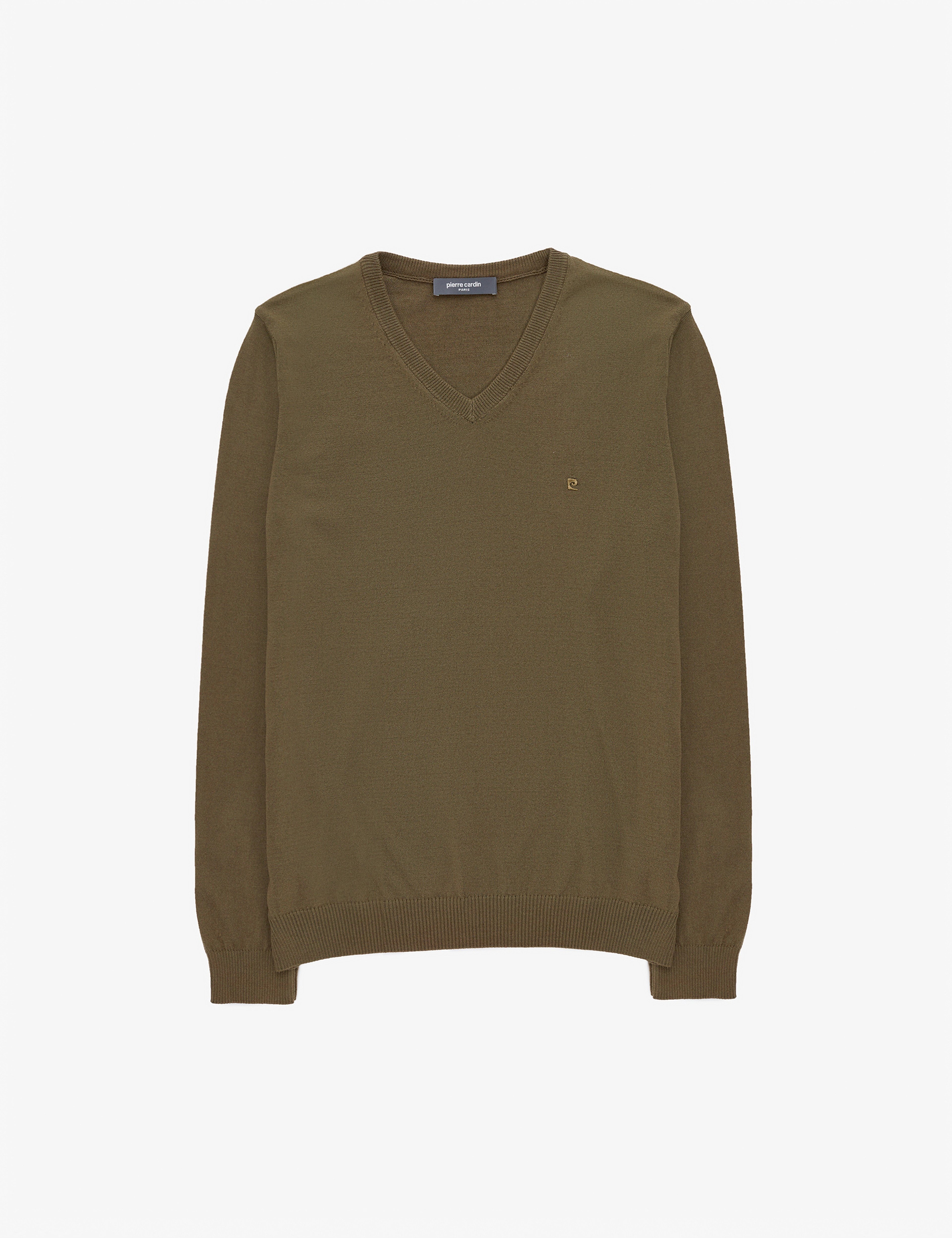 Koyu Haki Slim Fit V Yaka Basic Triko Kazak