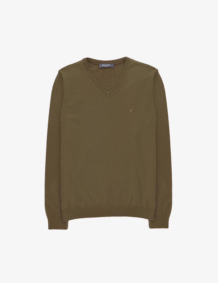 Koyu Haki Slim Fit V Yaka Basic Triko Kazak