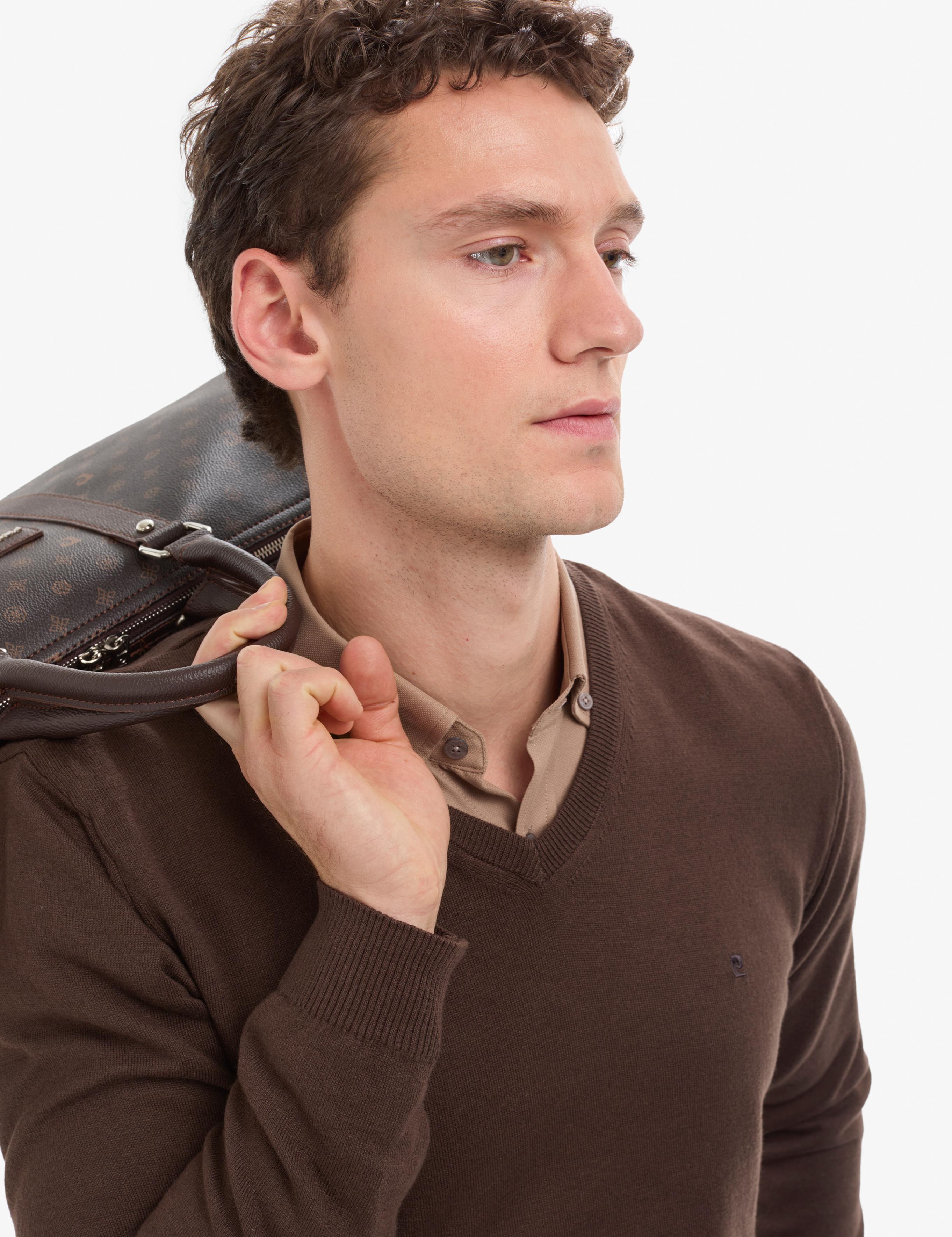 Kahverengi Slim Fit V Yaka Basic Triko Kazak