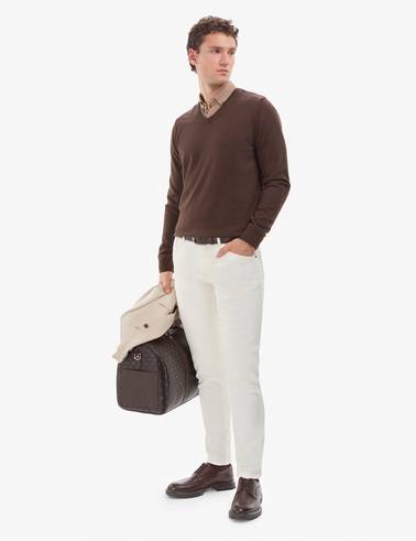 Kahverengi Slim Fit V Yaka Basic Triko Kazak