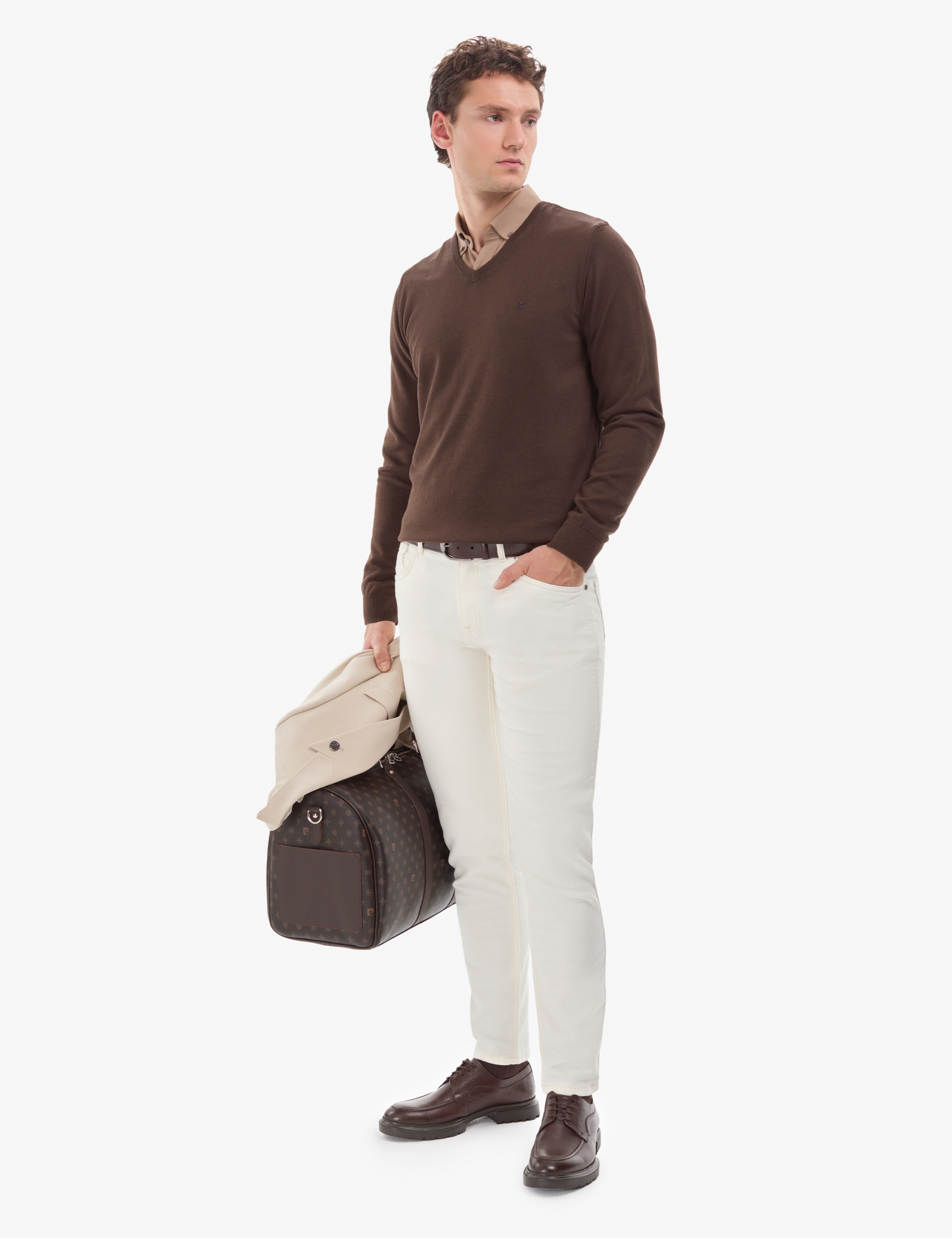 Kahverengi Slim Fit V Yaka Basic Triko Kazak