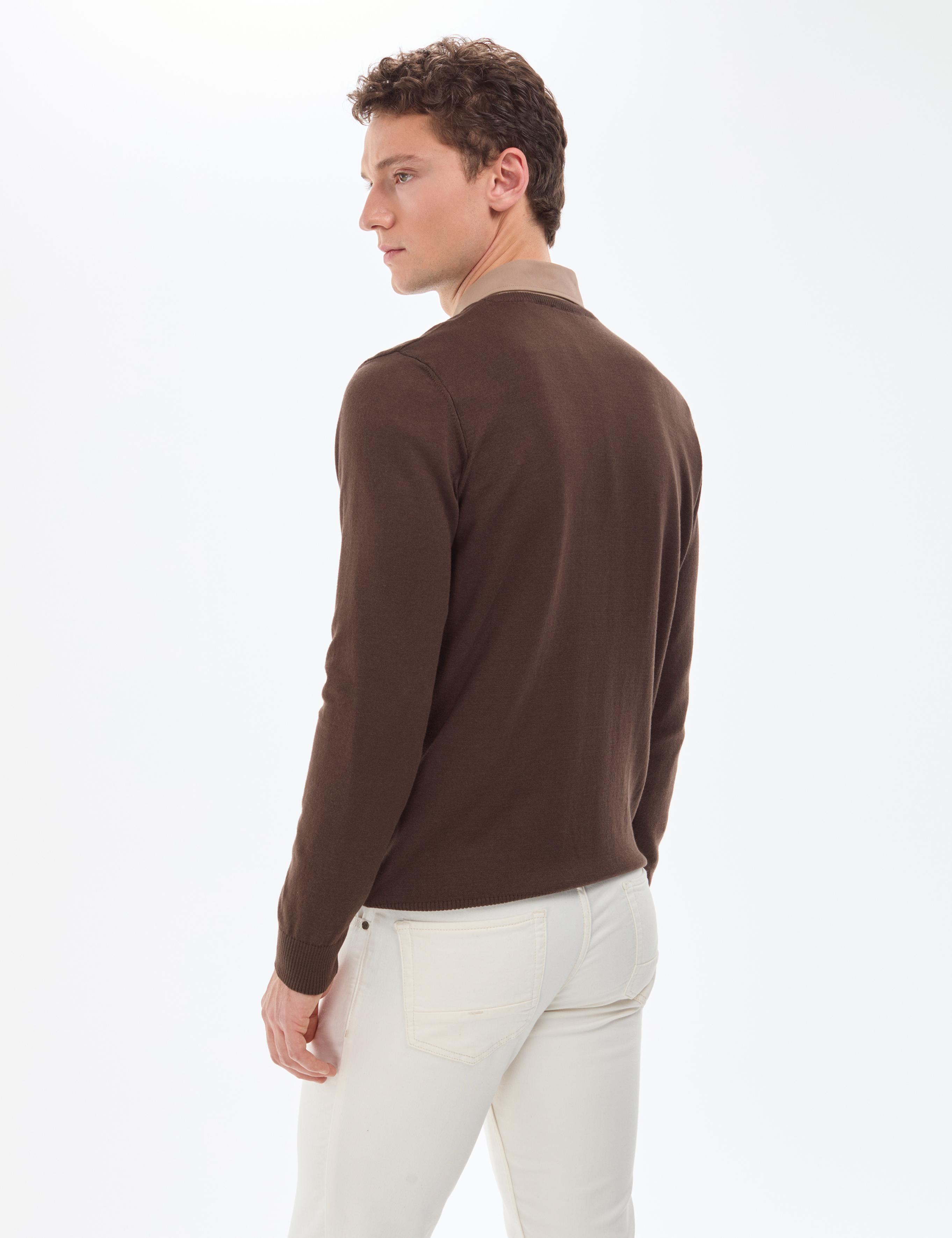 Kahverengi Slim Fit V Yaka Basic Triko Kazak
