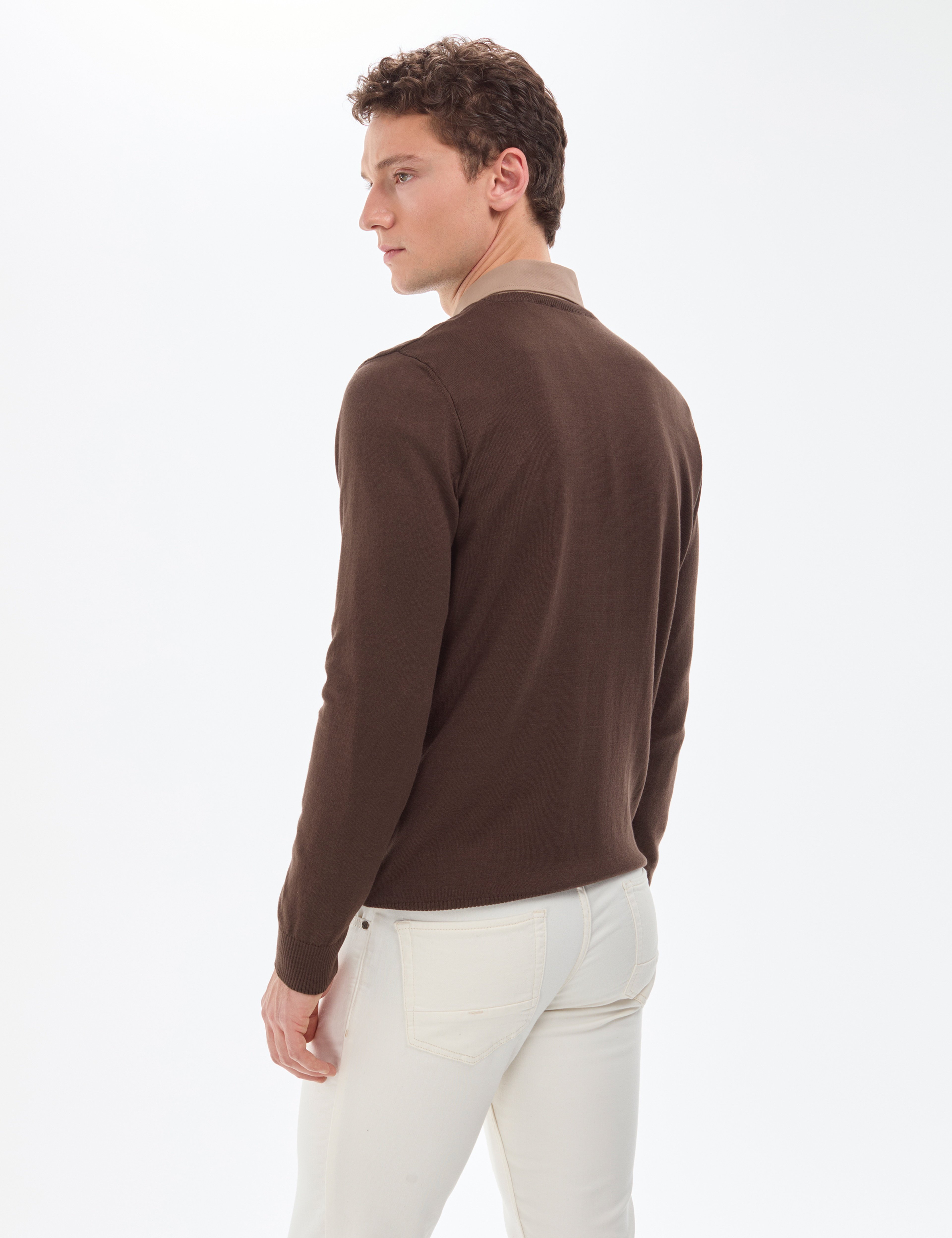 Kahverengi Slim Fit V Yaka Basic Triko Kazak - Image 6