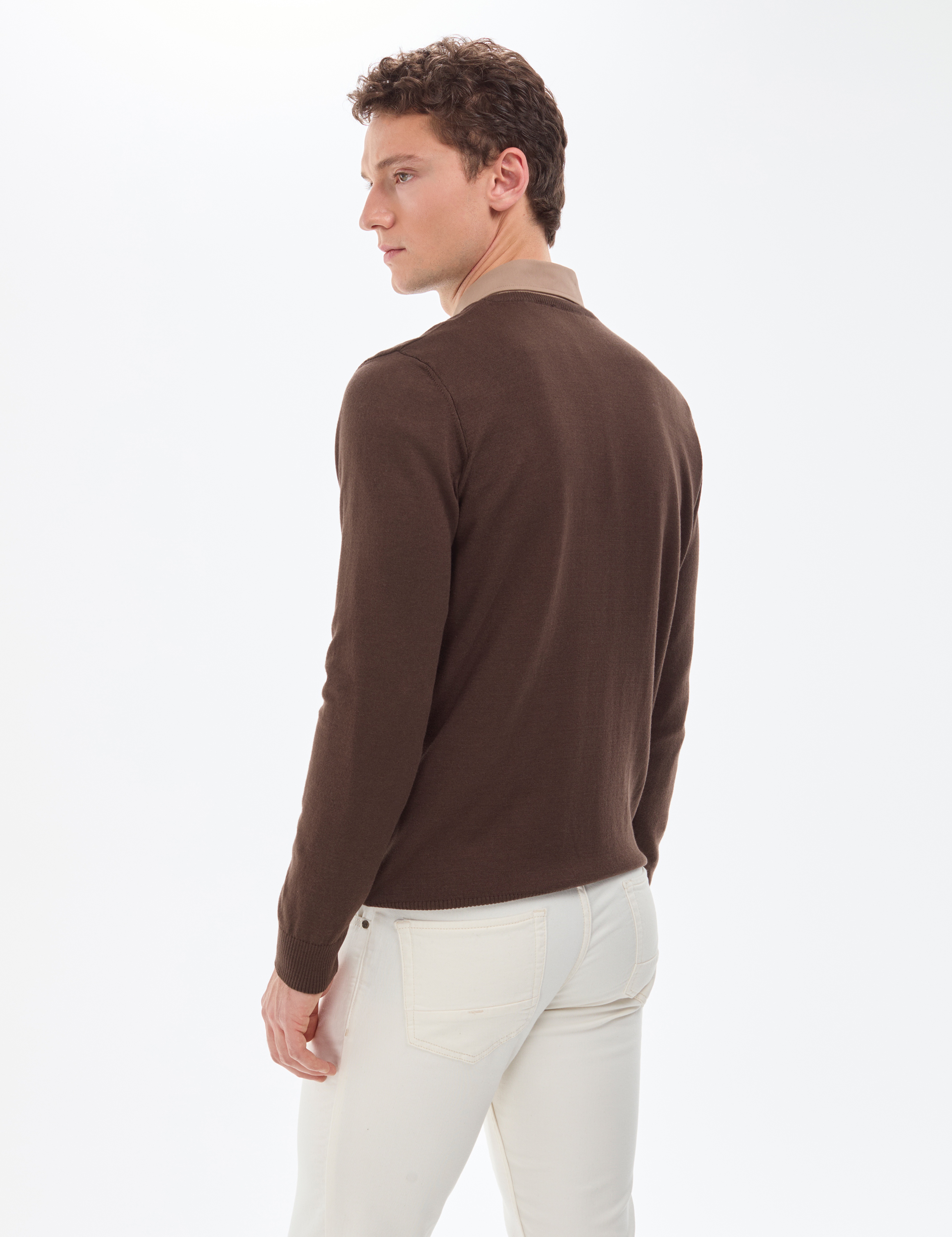 Kahverengi Slim Fit V Yaka Basic Triko Kazak