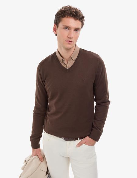 Kahverengi Slim Fit V Yaka Basic Triko Kazak - 50314190085
