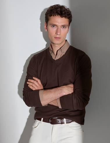Kahverengi Slim Fit V Yaka Basic Triko Kazak