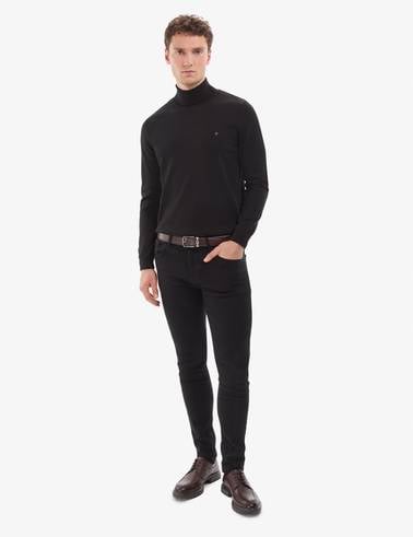 Siyah Slim Fit Balıkçı Yaka Basic Triko Kazak
