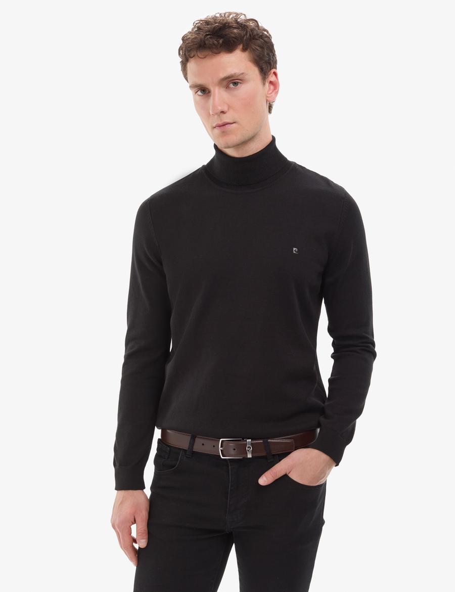 Siyah Slim Fit Balıkçı Yaka Basic Triko Kazak