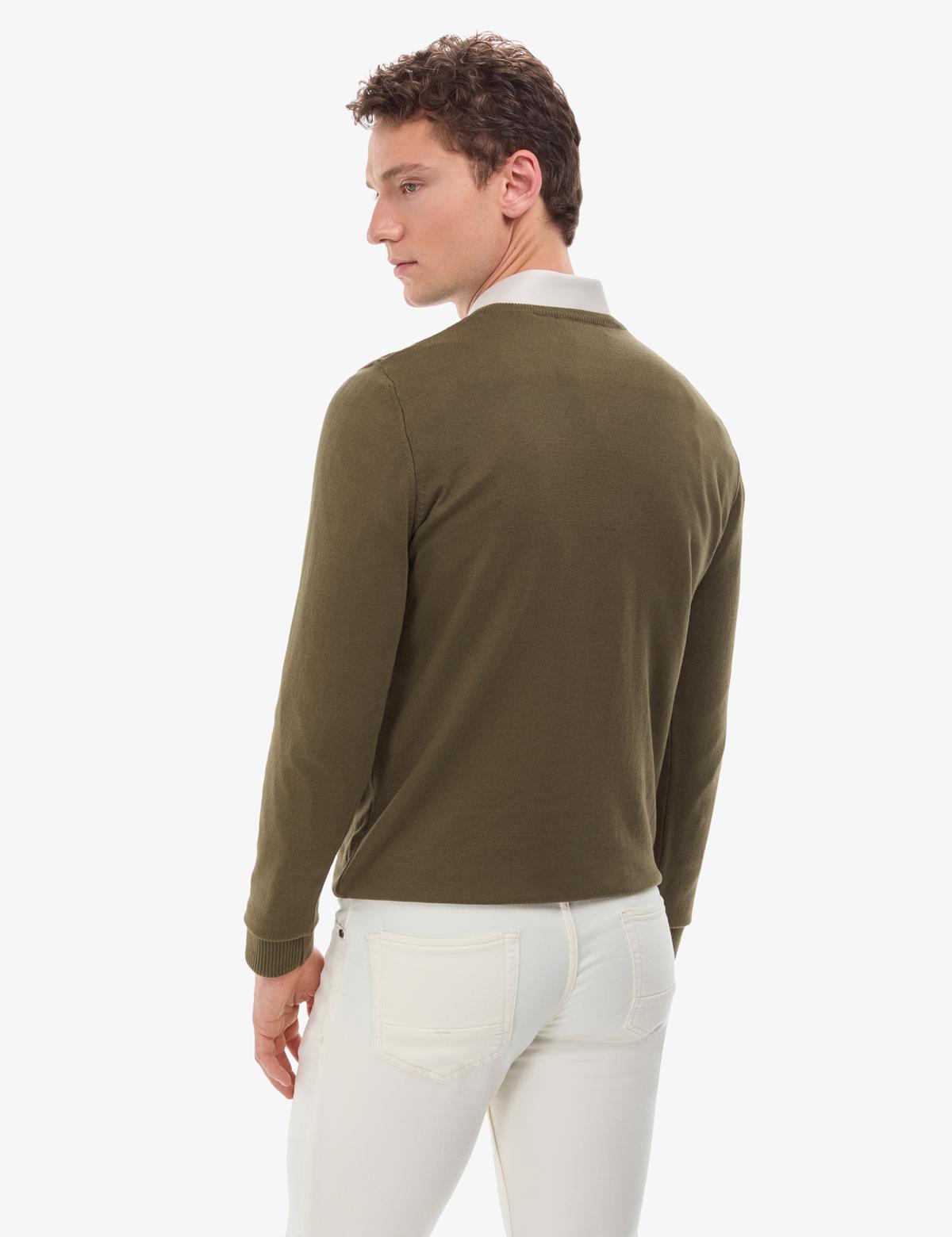 Koyu Haki Slim Fit V Yaka Basic Triko Kazak - 50314190036