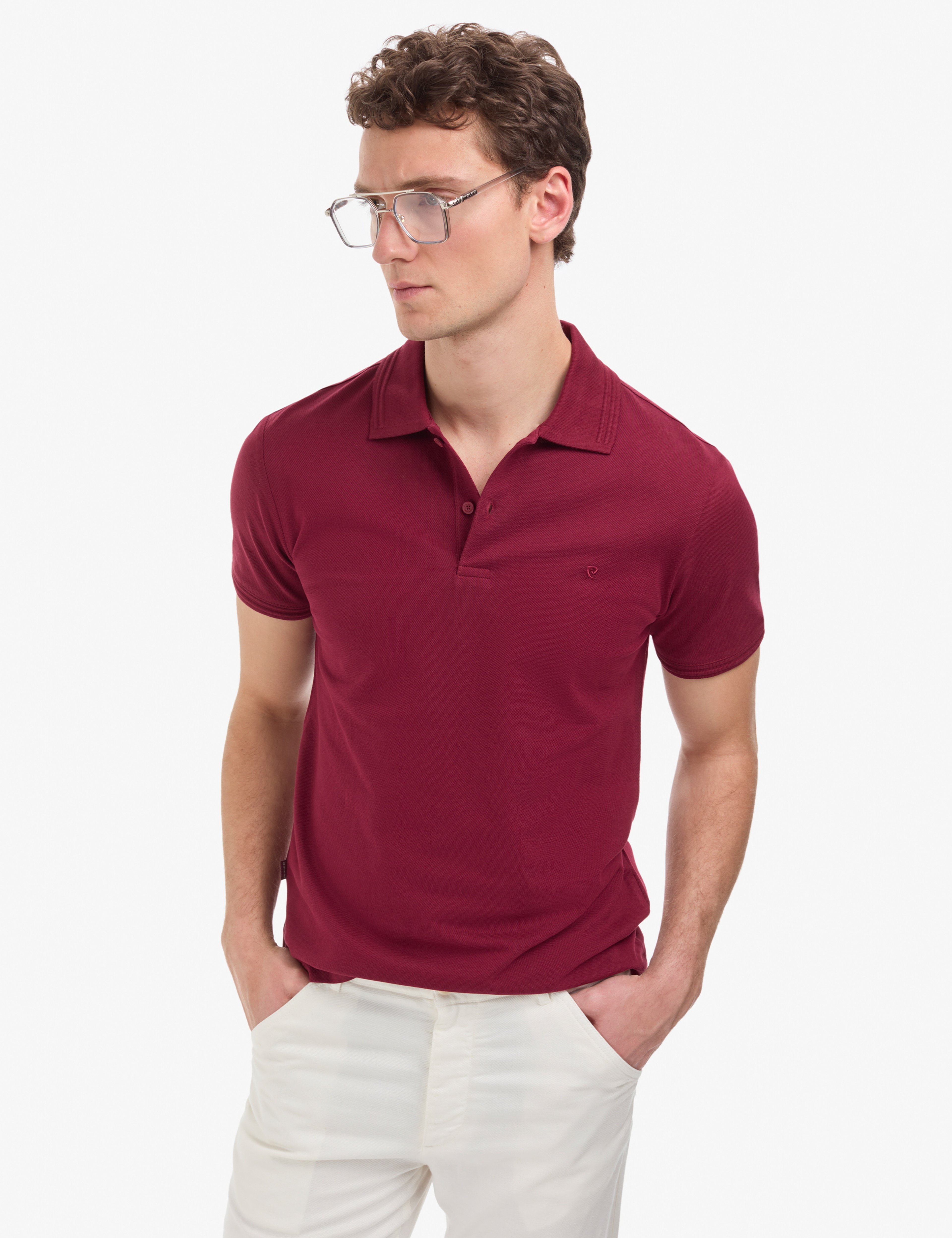 Bordo Slim Fit %100 Pamuk Kıvrılmaz Düğmeli Polo Yaka Basic Tişört - Image 1