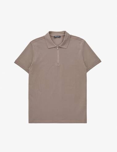 Koyu Vizon Slim Fit %100 Pamuk Kıvrılmaz Fermuarlı Polo Yaka Basic Tişört