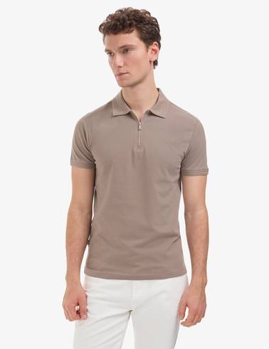 Koyu Vizon Slim Fit %100 Pamuk Kıvrılmaz Fermuarlı Polo Yaka Basic Tişört