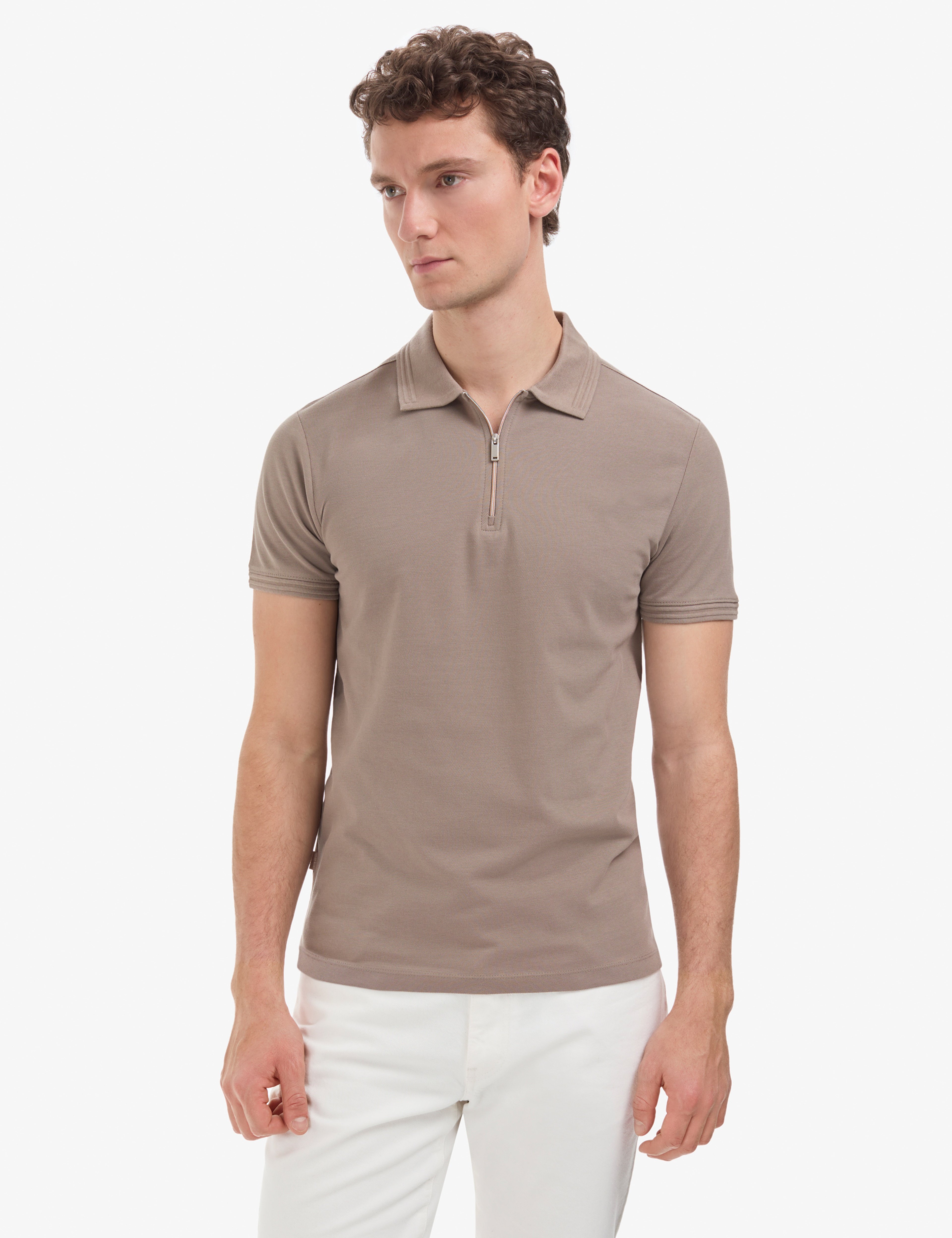 Koyu Vizon Slim Fit %100 Pamuk Kıvrılmaz Fermuarlı Polo Yaka Basic Tişört