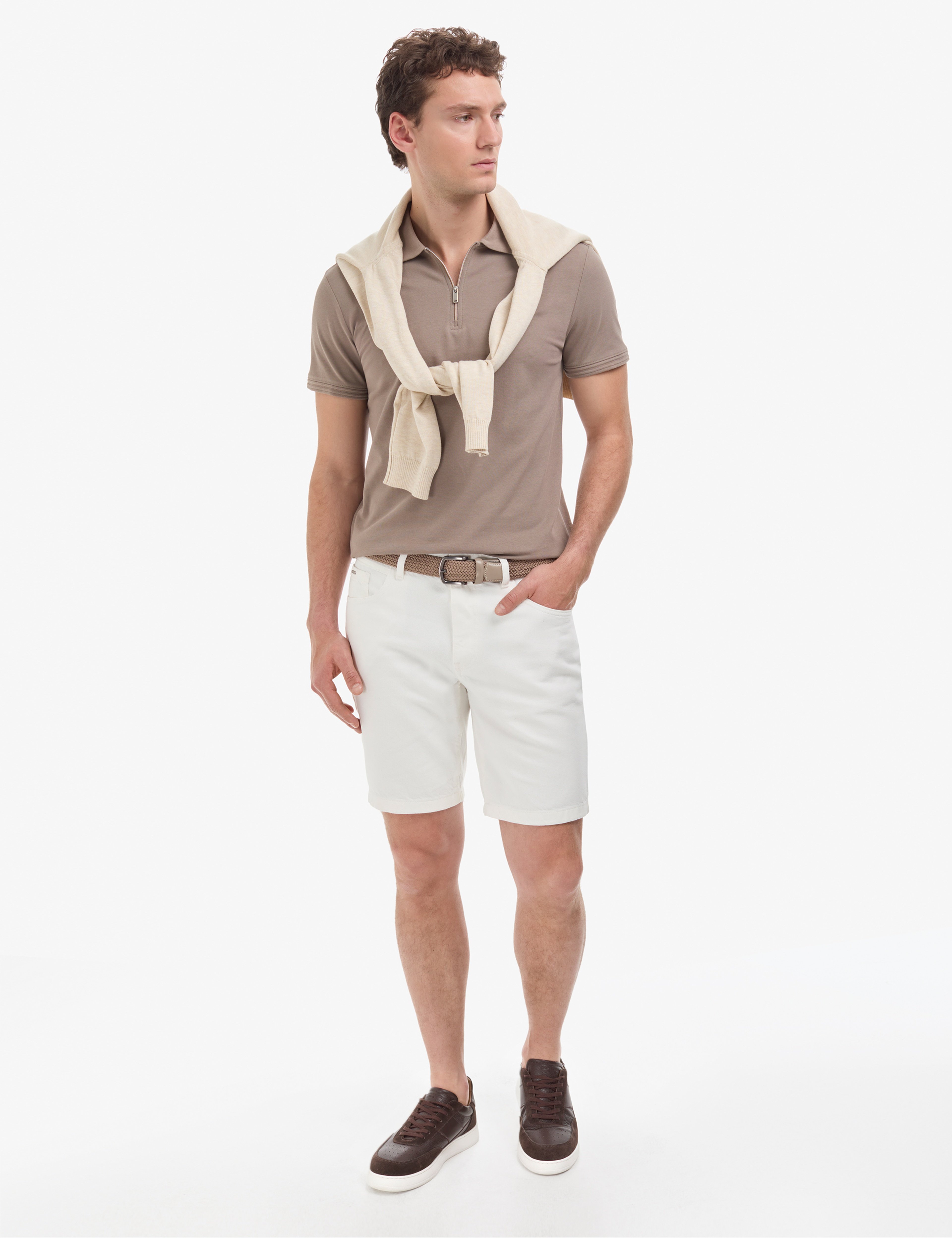 Koyu Vizon Slim Fit %100 Pamuk Kıvrılmaz Fermuarlı Polo Yaka Basic Tişört