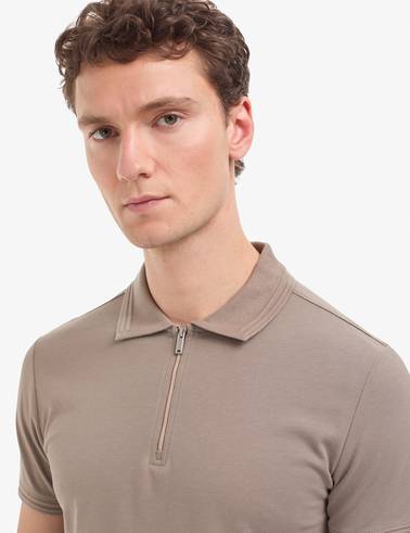 Koyu Vizon Slim Fit %100 Pamuk Kıvrılmaz Fermuarlı Polo Yaka Basic Tişört