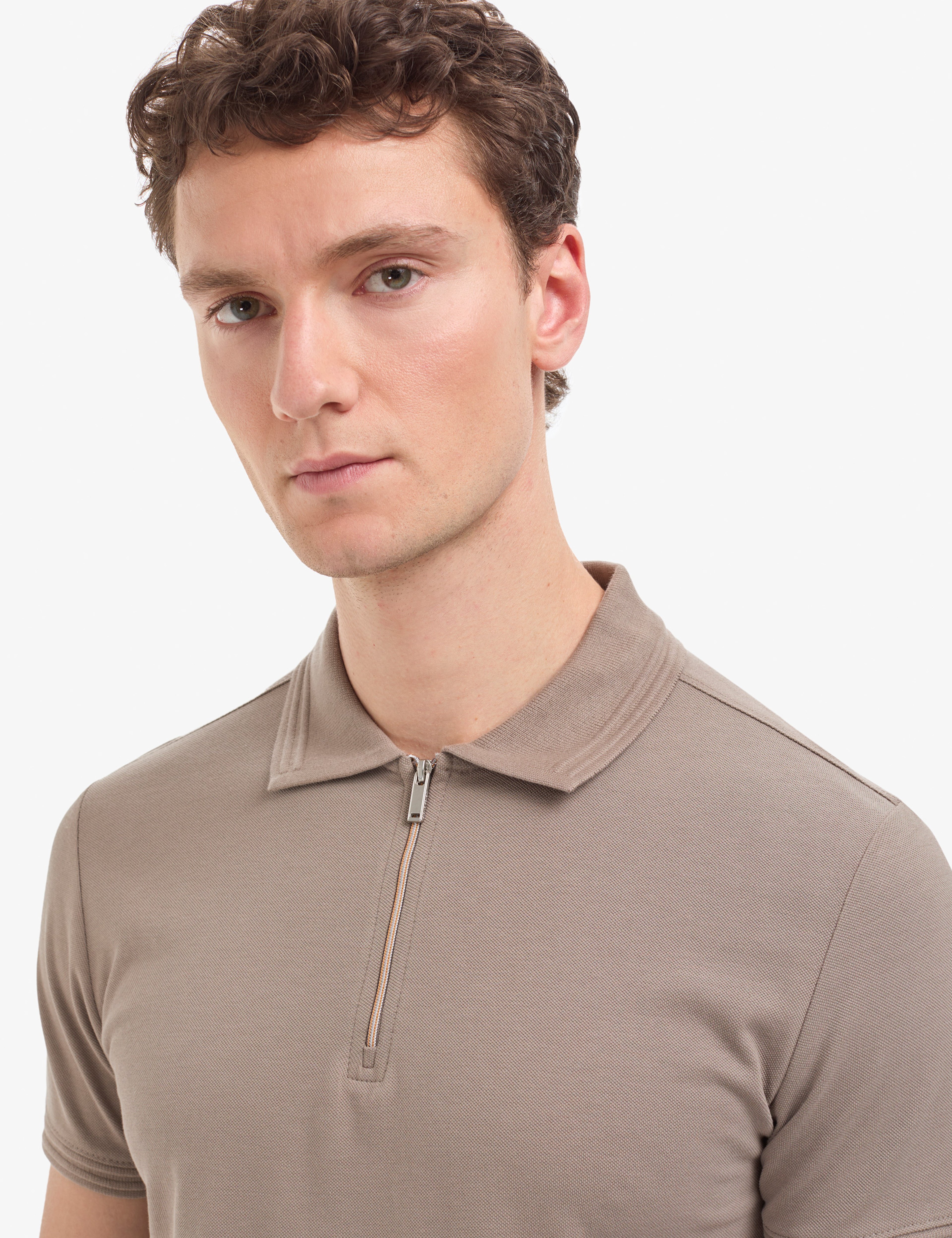 Koyu Vizon Slim Fit %100 Pamuk Kıvrılmaz Fermuarlı Polo Yaka Basic Tişört
